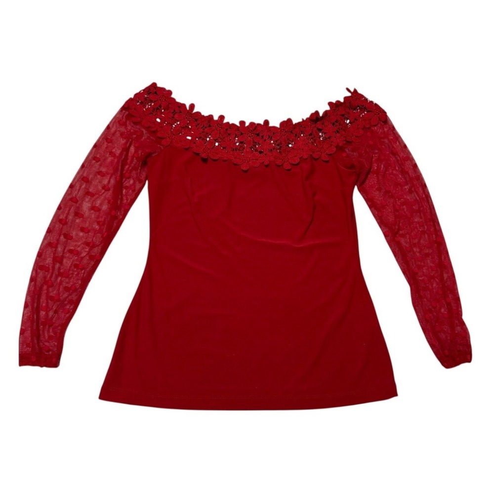 Venus Floral Lace Blouse Red Off The Shoulder Mesh Long Sleeve Top S Coquette